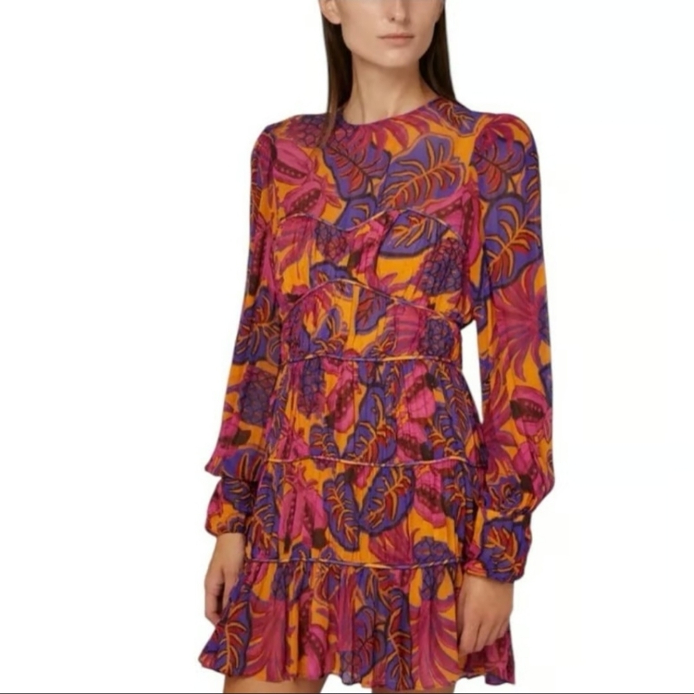 FARM RIO Fruit Dream Floral Long Puff Sleeve Tiered Ruffle Lined Mini Dress XS